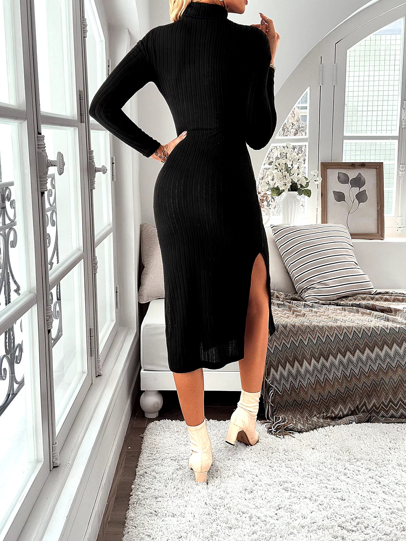 Women 2024 Fall and Winter Fashion Casual Long Sleeve Dress High Neck Side Slit Knitted Striped Texture Solid Color Long Dress